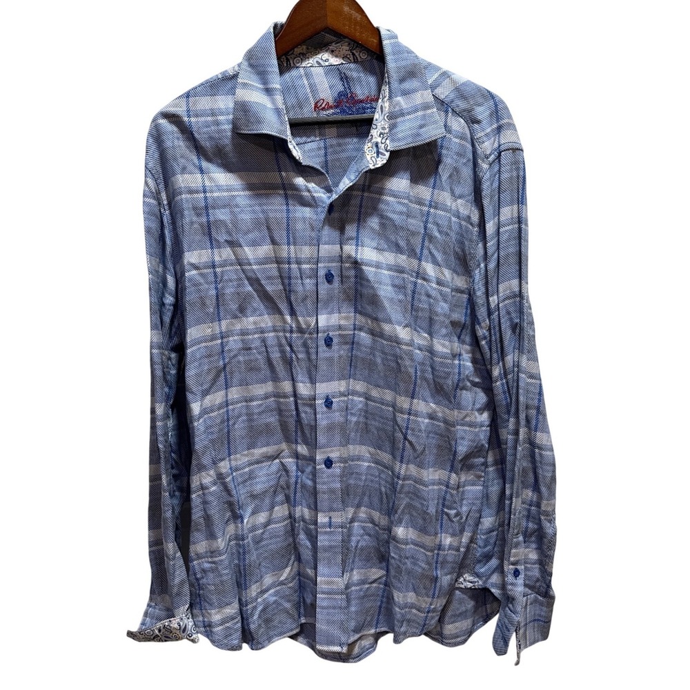 Robert Graham Mens 2XL‎ Blue Plaid Long Sleeve Button Down Shirt Paisley Detail